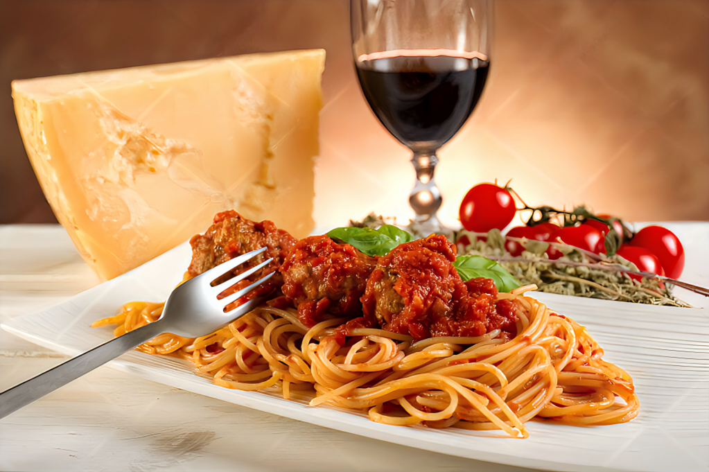 Teller mit hausgemachter Pasta und Tomatensauce in einem Restaurant